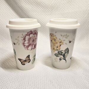 Lenox Butterfly Meadow 12 Oz Travel Coffee Cups Mugs W Lids Double Wall Floral